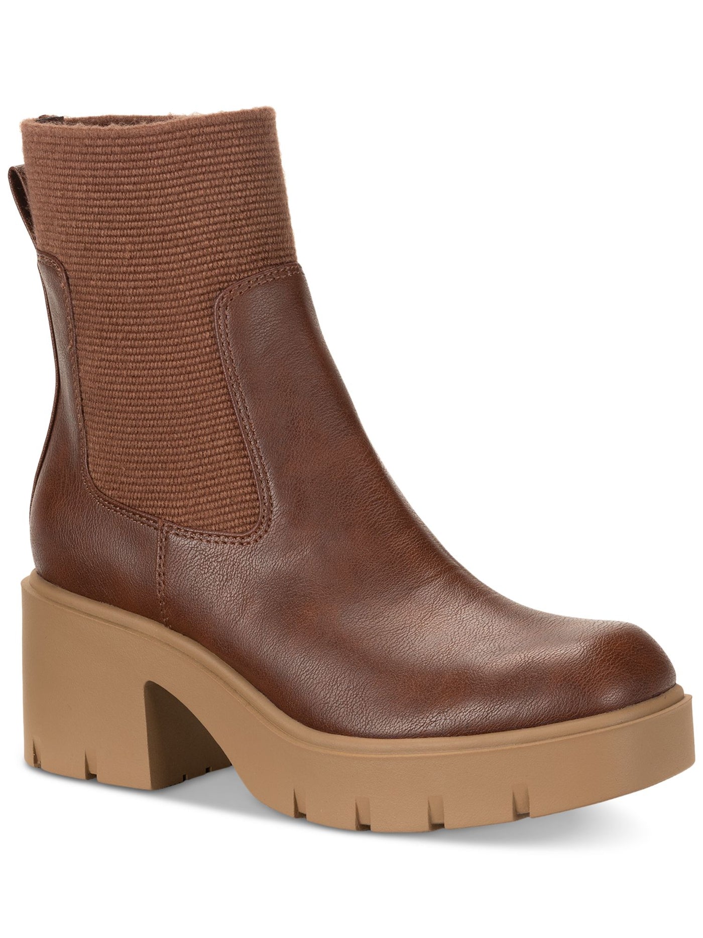 SUN STONE Womens Brown Lug Sole Heel Pull-Tab Padded Stretch Verityy Square Toe Chelsea Boot 8 M