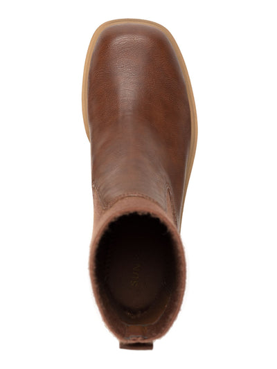 SUN STONE Womens Brown Lug Sole Heel Pull-Tab Padded Stretch Verityy Square Toe Chelsea Boot 8 M