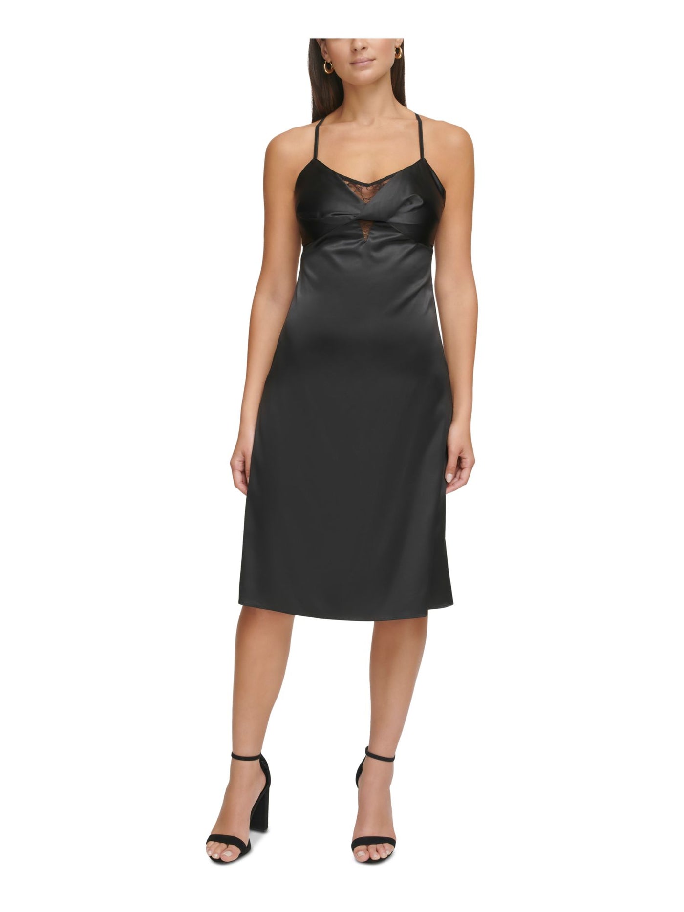 GUESS Womens Black Zippered Adjustable Lace Trim Knotted Padded Lined Spaghetti Strap V Neck Below The Knee Evening Sheath Dress 8