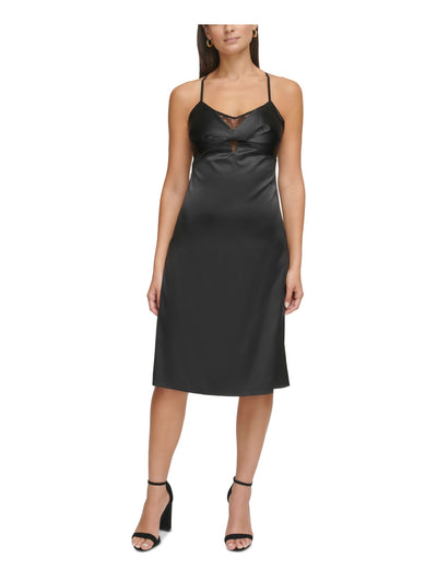 GUESS Womens Black Zippered Adjustable Lace Trim Knotted Padded Lined Spaghetti Strap V Neck Below The Knee Evening Sheath Dress 8
