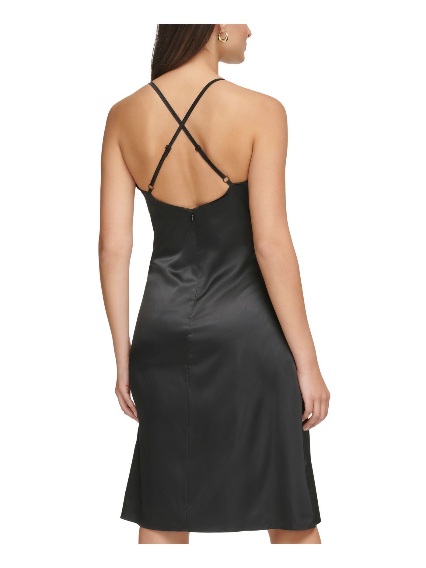 GUESS Womens Black Zippered Adjustable Lace Trim Knotted Padded Lined Spaghetti Strap V Neck Below The Knee Evening Sheath Dress 8