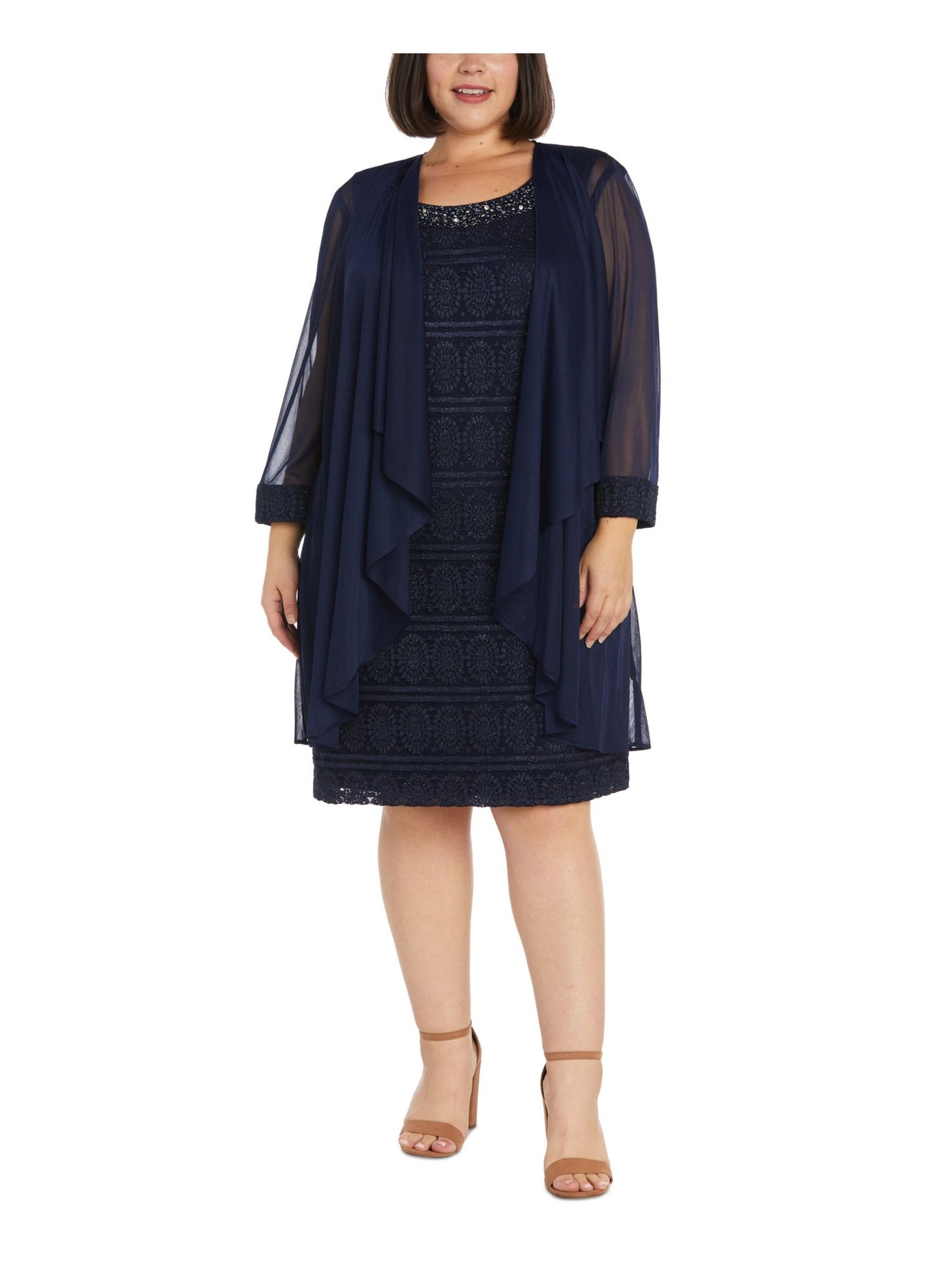 R&M RICHARDS WOMAN Womens Navy Sheer Glitter Lace Contrast Trim Water Long Sleeve Open Front Evening Cardigan Plus 14W