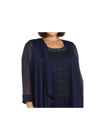 R&M RICHARDS WOMAN Womens Navy Sheer Glitter Lace Contrast Trim Water Long Sleeve Open Front Evening Cardigan Plus 14W