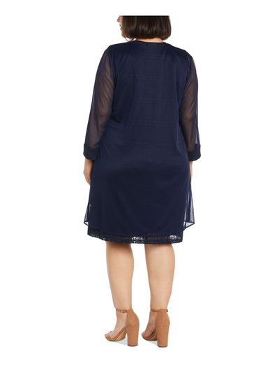 R&M RICHARDS WOMAN Womens Navy Sheer Glitter Lace Contrast Trim Water Long Sleeve Open Front Evening Cardigan Plus 14W