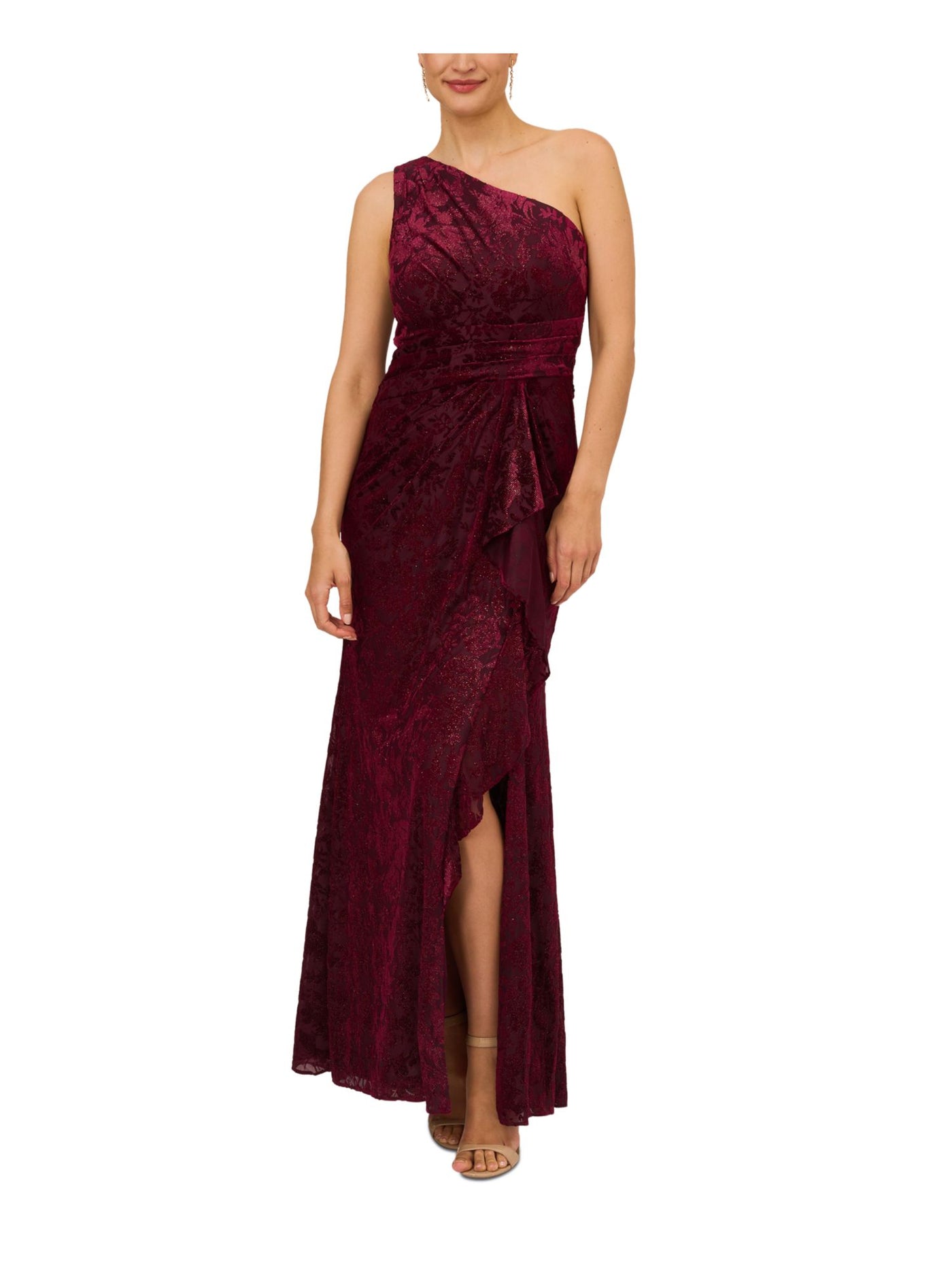 ADRIANNA PAPELL Womens Burgundy Pleated Zippered Cascading Ruffle Slitted Lined Sleeveless Asymmetrical Neckline Full-Length Formal Gown Dress 6