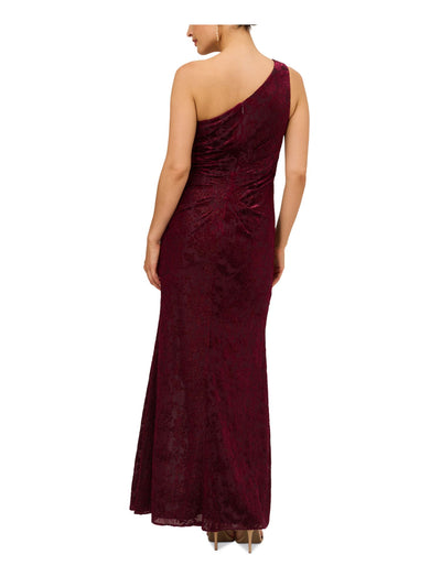 ADRIANNA PAPELL Womens Burgundy Pleated Zippered Cascading Ruffle Slitted Lined Sleeveless Asymmetrical Neckline Full-Length Formal Gown Dress 6