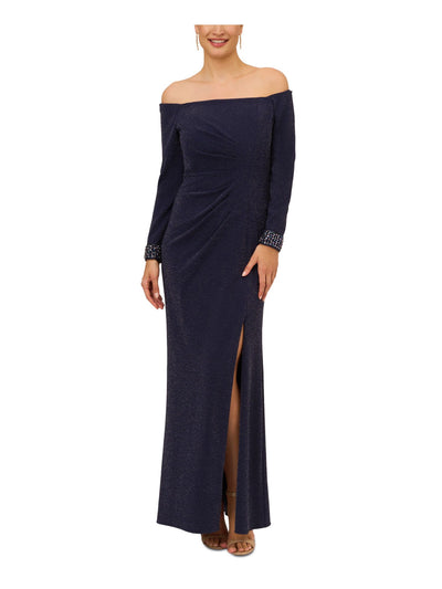 ADRIANNA PAPELL Womens Navy Zippered Pleated Beaded Cuffs Slitted Lined Long Sleeve Off Shoulder Full-Length Formal Gown Dress 12