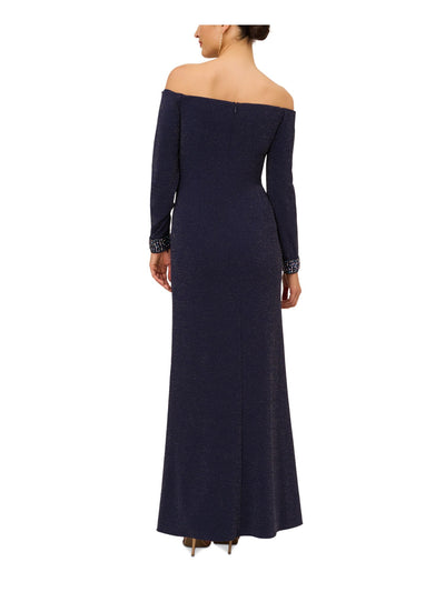 ADRIANNA PAPELL Womens Navy Zippered Pleated Beaded Cuffs Slitted Lined Long Sleeve Off Shoulder Full-Length Formal Gown Dress 16