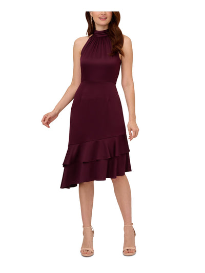 ADRIANNA PAPELL Womens Purple Ruched Zippered Double Ruffled Asymmetric Hem Sleeveless Halter Below The Knee Party Fit + Flare Dress 6