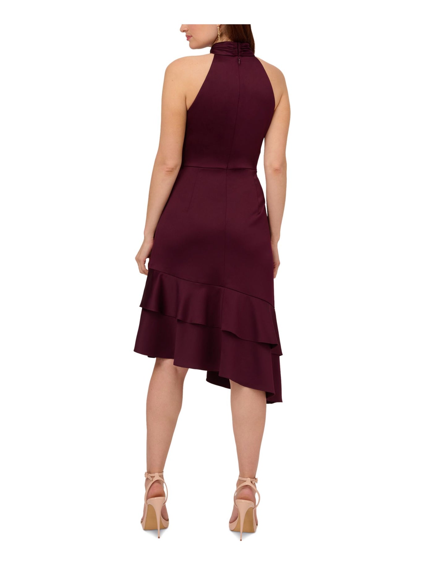 ADRIANNA PAPELL Womens Purple Ruched Zippered Double Ruffled Asymmetric Hem Sleeveless Halter Below The Knee Party Fit + Flare Dress 10