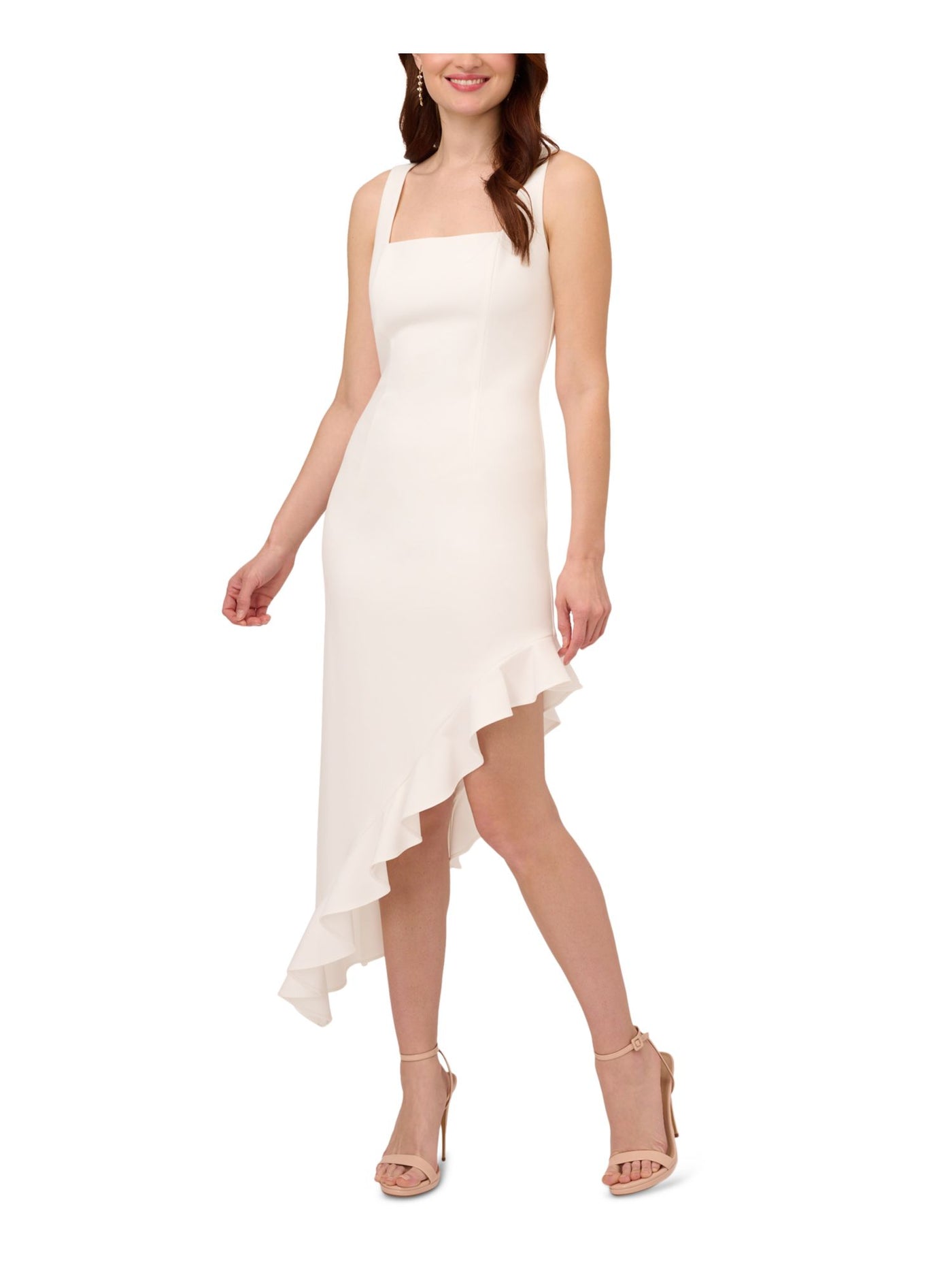 ADRIANNA PAPELL Womens Ivory Zippered Lined Ruffled Asymmetrical Hem Sleeveless Square Neck Tea-Length Party Sheath Dress 12