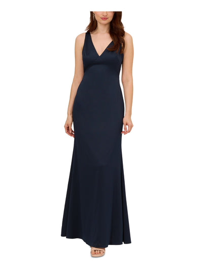 ADRIANNA PAPELL Womens Navy Zippered Lined Cowl Back Lace Trim Sleeveless V Neck Full-Length Evening Gown Dress 10