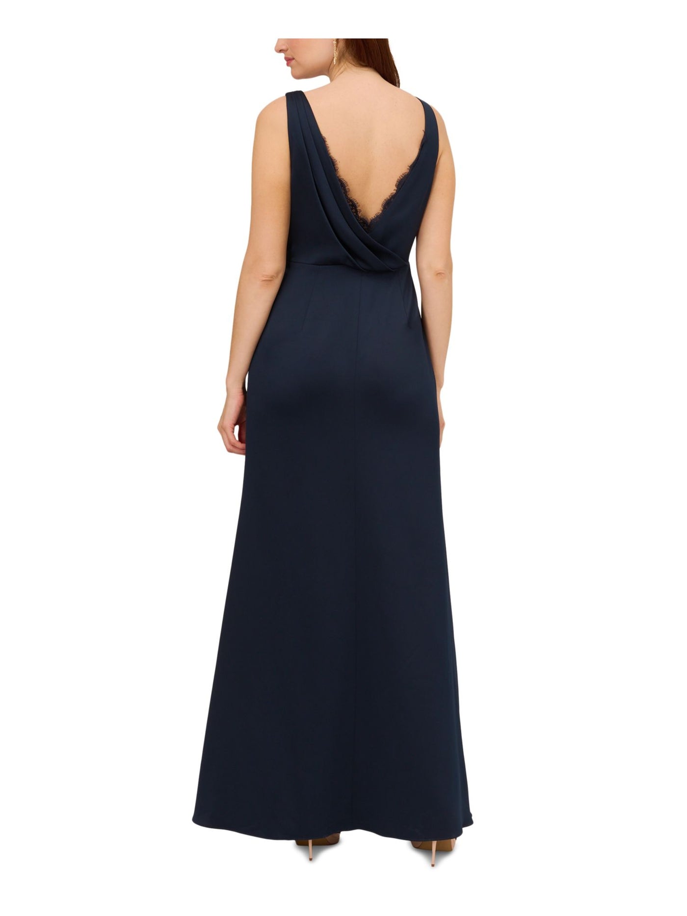 ADRIANNA PAPELL Womens Navy Zippered Lined Cowl Back Lace Trim Sleeveless V Neck Full-Length Evening Gown Dress 10