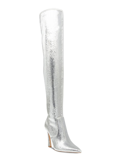 STEVE MADDEN Womens Silver Sequined Metallic Padded Laddy Pointed Toe Flare Zip-Up Dress Boots 7 M