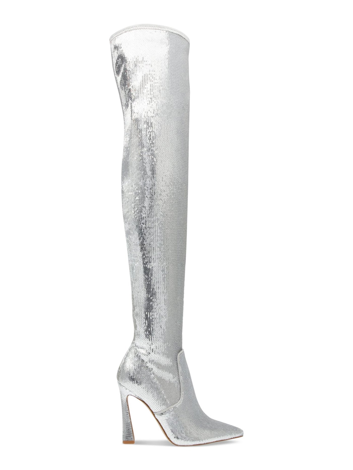 STEVE MADDEN Womens Silver Sequined Metallic Padded Laddy Pointed Toe Flare Zip-Up Dress Boots 7 M