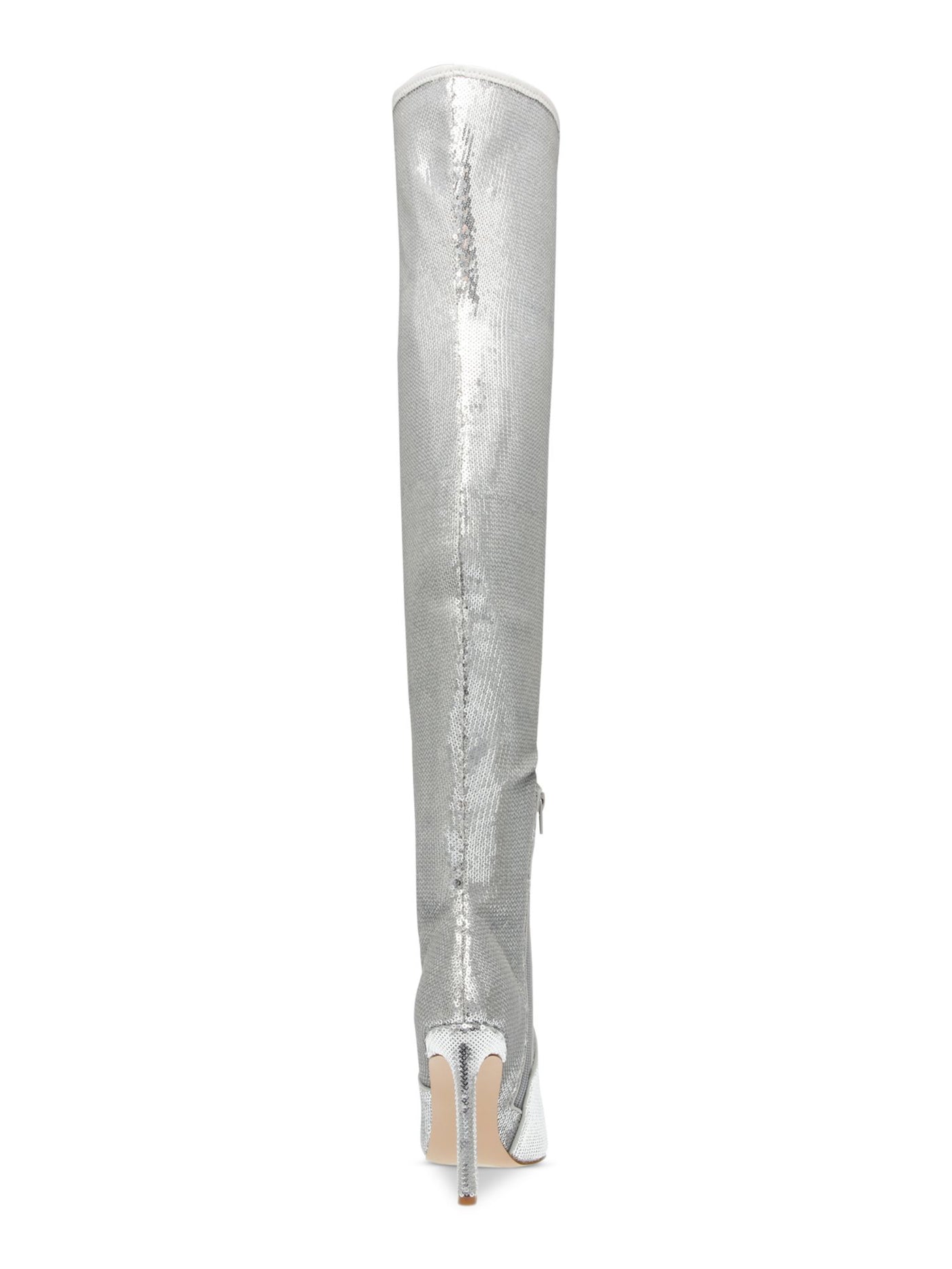 STEVE MADDEN Womens Silver Sequined Metallic Padded Laddy Pointed Toe Flare Zip-Up Dress Boots 7 M