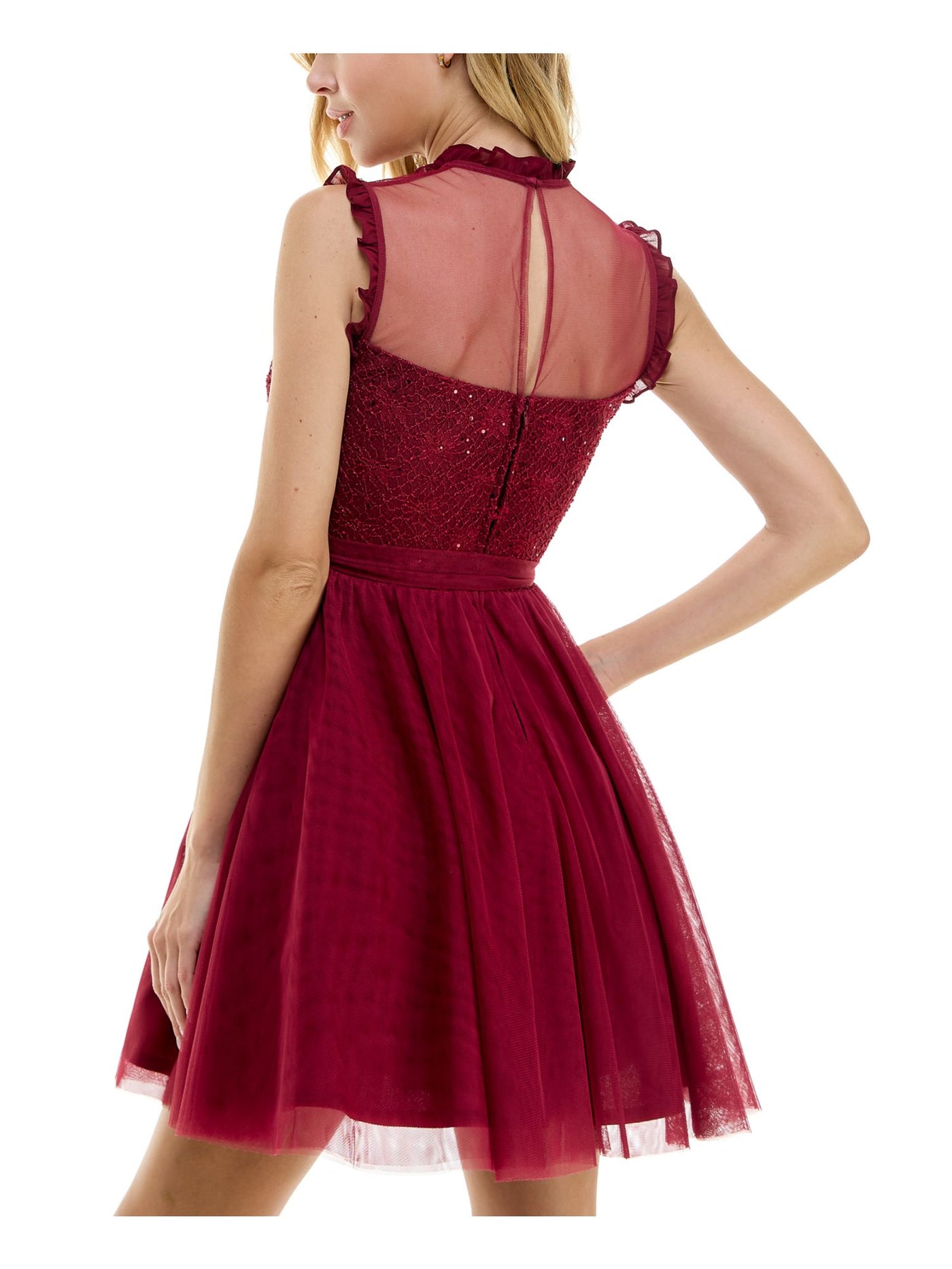 CITY STUDIO Womens Burgundy Zippered Ruffled Keyhole Back Self-tie Belt Lined Sleeveless Round Neck Short Party Fit + Flare Dress Juniors 15\16