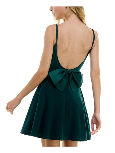 CITY STUDIO Womens Green Zippered Open Back Bow-back Corset-detail Waist Spaghetti Strap V Neck Short Party Fit + Flare Dress Juniors 7\8