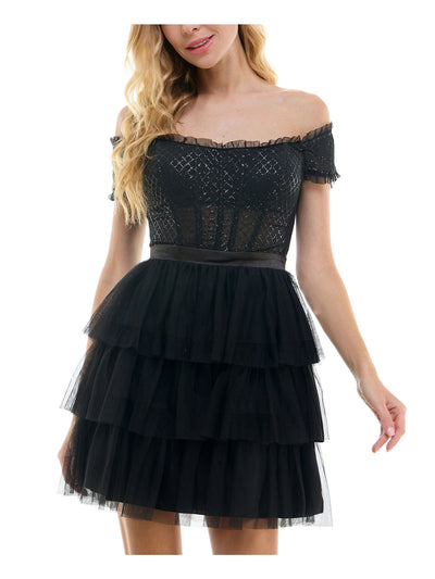 CITY STUDIO Womens Black Ruffled Zippered Layered Sheer Rib Cage Glitter Short Sleeve Off Shoulder Short Formal Fit + Flare Dress Juniors 7\8