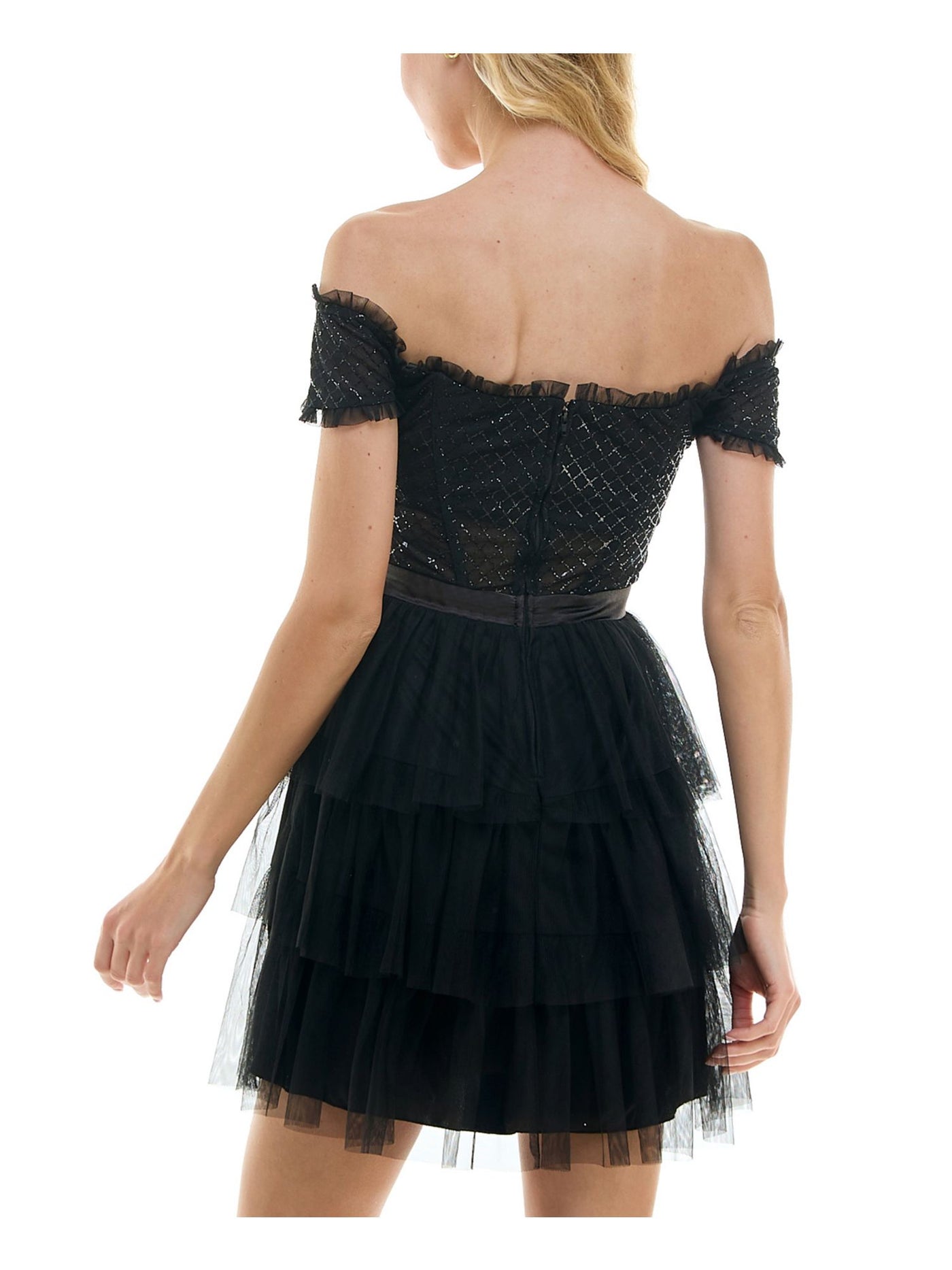 CITY STUDIO Womens Black Ruffled Zippered Layered Sheer Rib Cage Glitter Short Sleeve Off Shoulder Short Formal Fit + Flare Dress Juniors 7\8