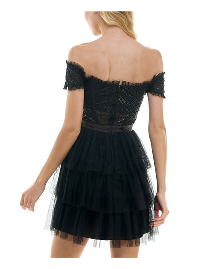 CITY STUDIO Womens Black Ruffled Zippered Layered Sheer Rib Cage Glitter Short Sleeve Off Shoulder Short Formal Fit + Flare Dress Juniors 7\8