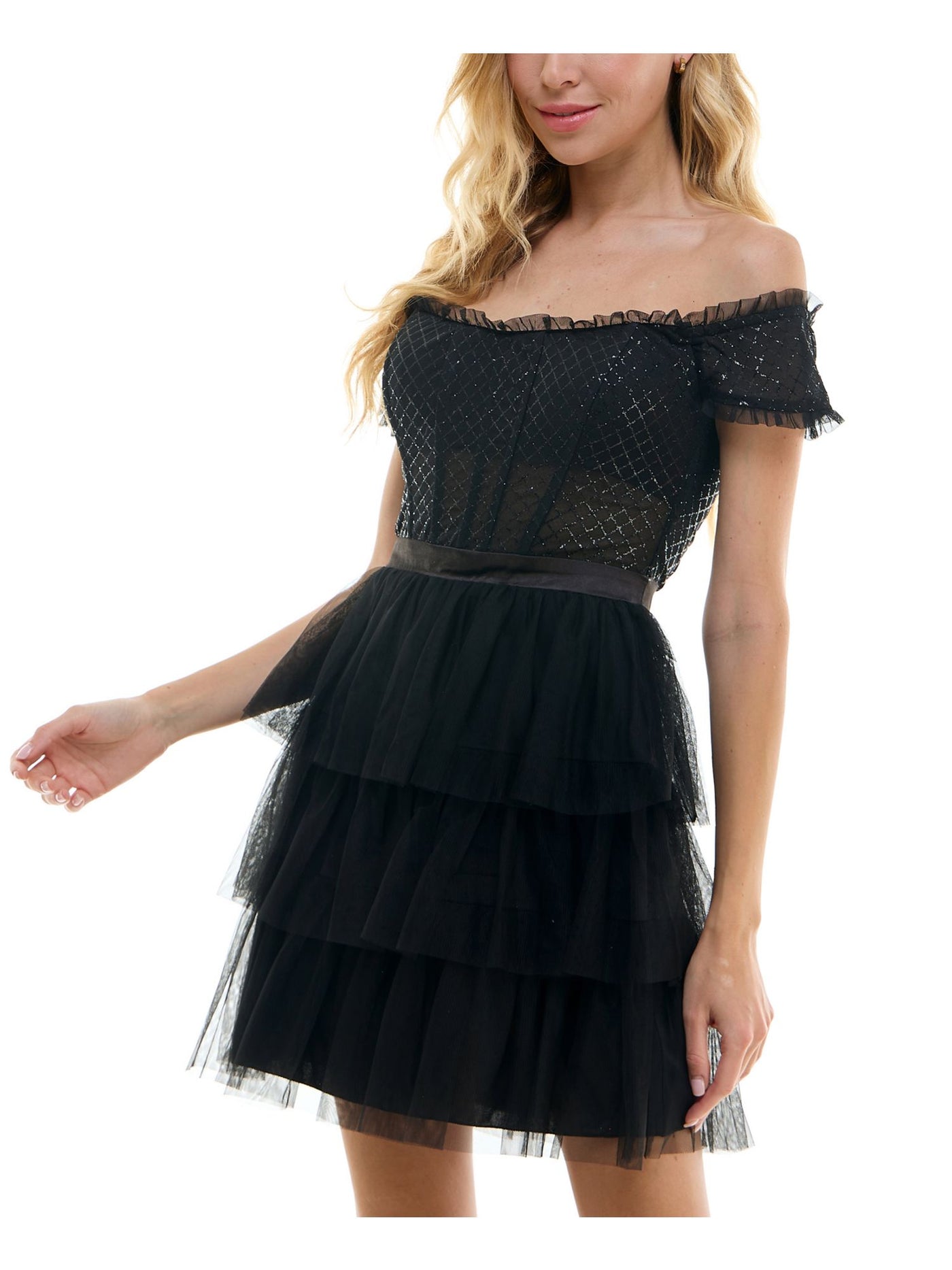 CITY STUDIO Womens Black Ruffled Zippered Layered Sheer Rib Cage Glitter Short Sleeve Off Shoulder Short Formal Fit + Flare Dress Juniors 7\8