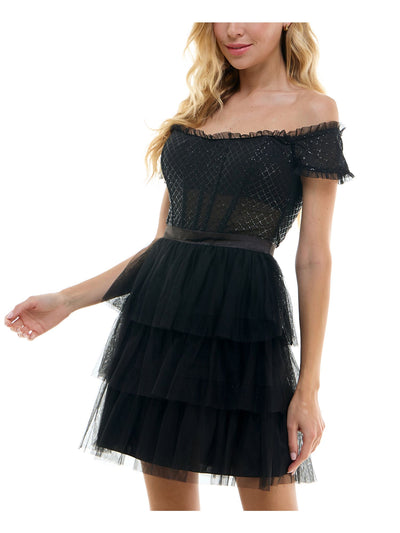 CITY STUDIO Womens Black Ruffled Zippered Layered Sheer Rib Cage Glitter Short Sleeve Off Shoulder Short Formal Fit + Flare Dress Juniors 7\8