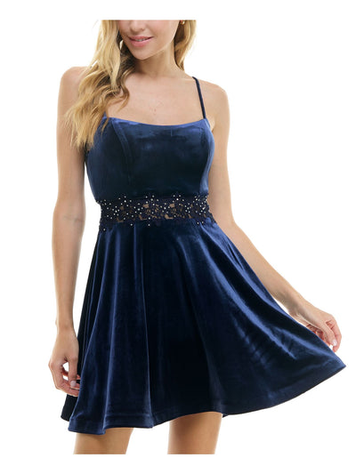 CITY STUDIO Womens Navy Zippered Embellished Illusion Applique Waist Spaghetti Strap Scoop Neck Short Party Fit + Flare Dress Juniors 3\4