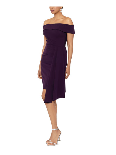 XSCAPE Womens Purple Ruched Zippered Pleated Draped Front Short Sleeve Off Shoulder Knee Length Party Fit + Flare Dress 10