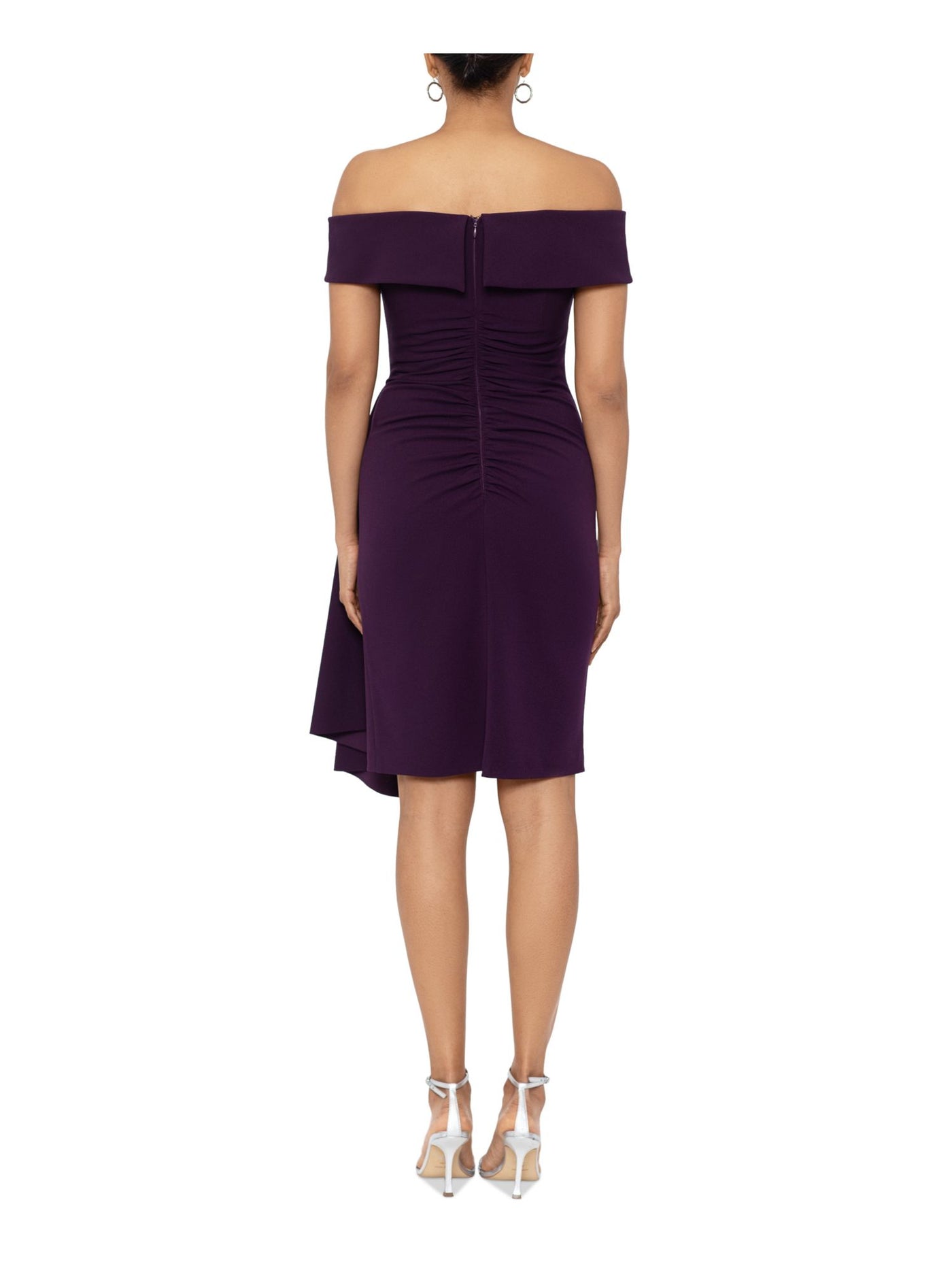 XSCAPE Womens Purple Ruched Zippered Pleated Draped Front Short Sleeve Off Shoulder Knee Length Party Fit + Flare Dress 10