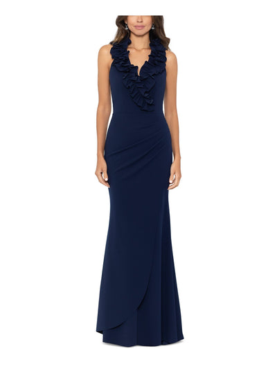 XSCAPE Womens Navy Ruffled Zippered Ruched Faux-wrap Skirt Lined Sleeveless V Neck Full-Length Evening Gown Dress 8