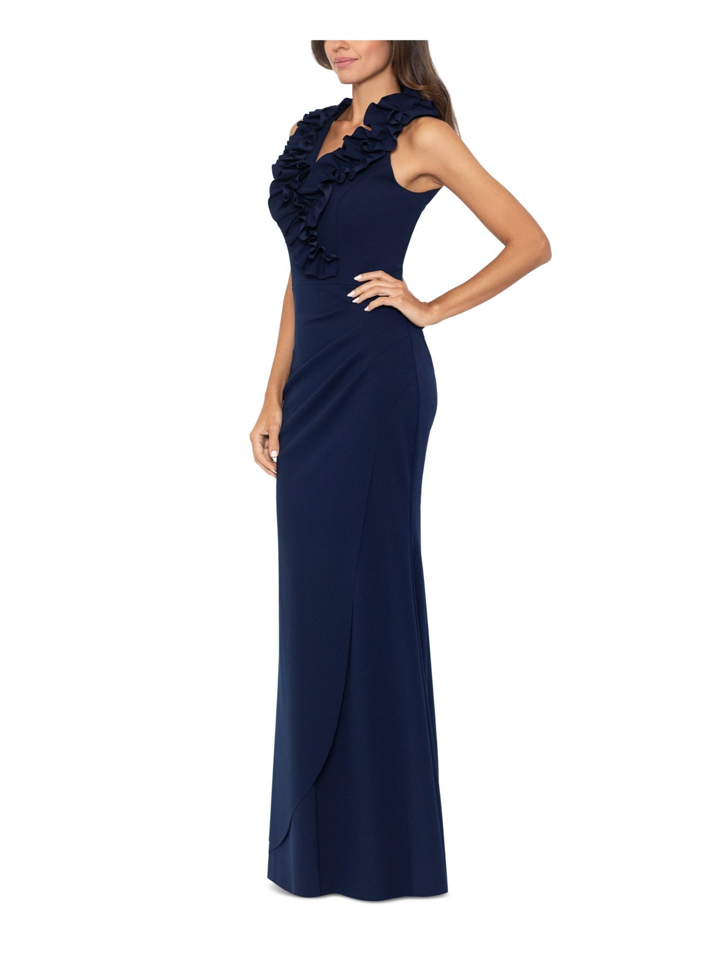 XSCAPE Womens Navy Ruffled Zippered Ruched Faux-wrap Skirt Lined Sleeveless V Neck Full-Length Evening Gown Dress 4