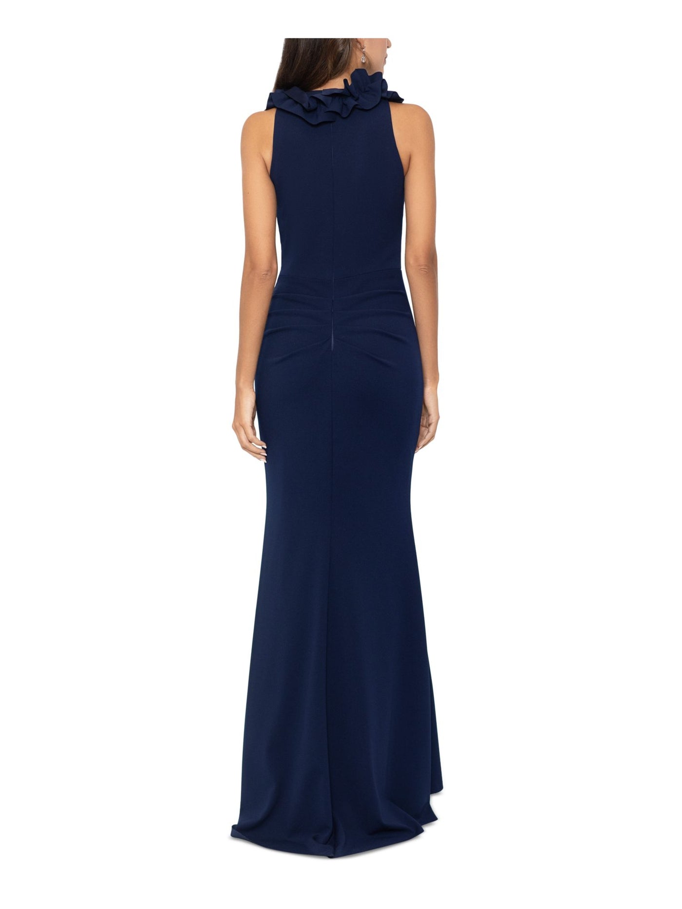 XSCAPE Womens Navy Ruffled Zippered Ruched Faux-wrap Skirt Lined Sleeveless V Neck Full-Length Evening Gown Dress 8