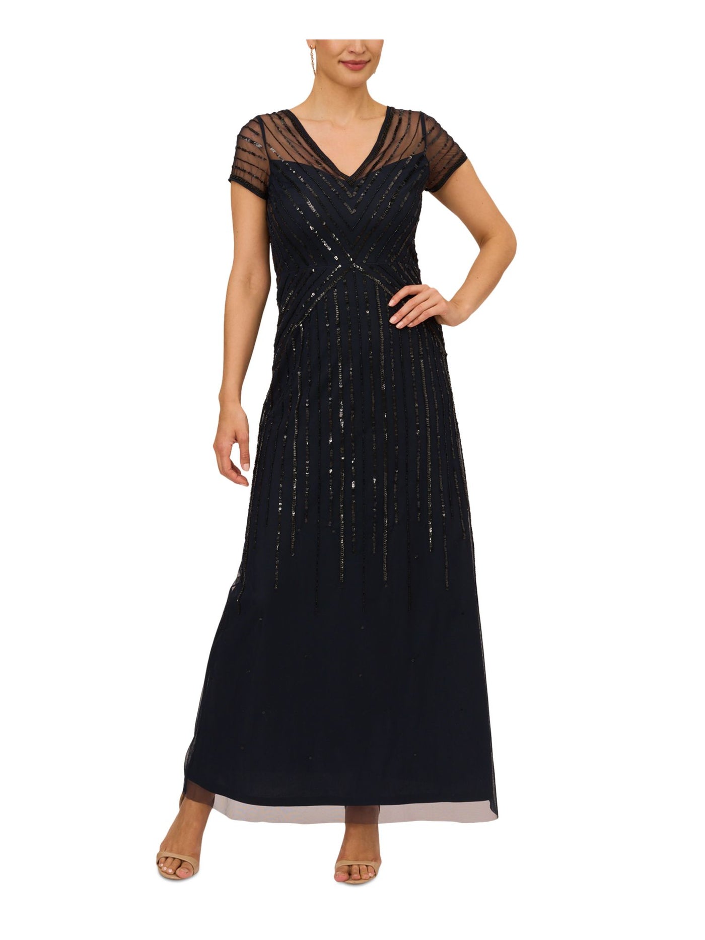 PAPELL STUDIO Womens Navy Embellished Zippered Lined Sheer Short Sleeve V Neck Maxi Evening Shift Dress 8