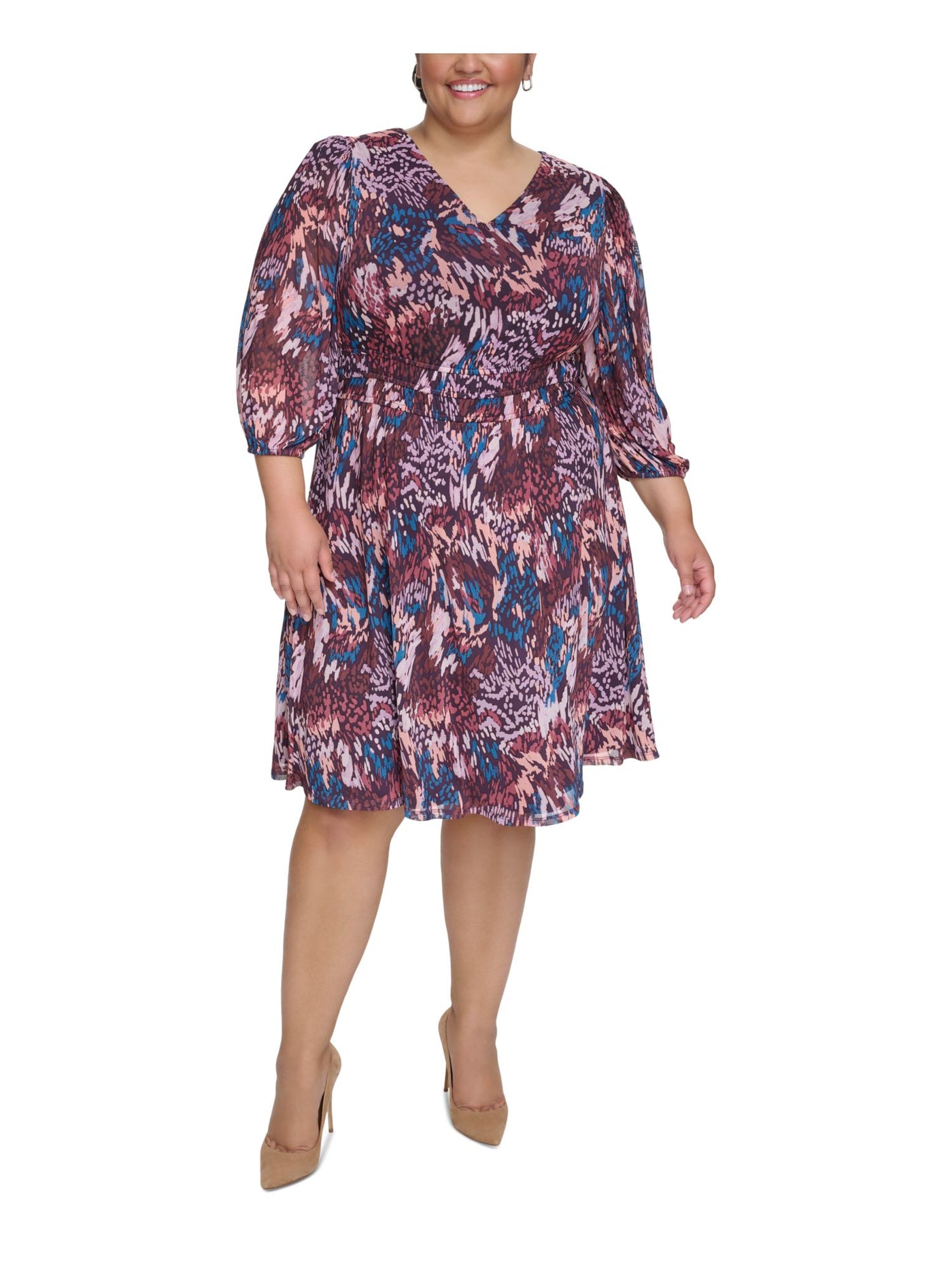 JESSICA HOWARD Womens Purple Zippered Lined Elastic Inset Waist Printed 3/4 Sleeve V Neck Knee Length Evening Fit + Flare Dress Plus 14W
