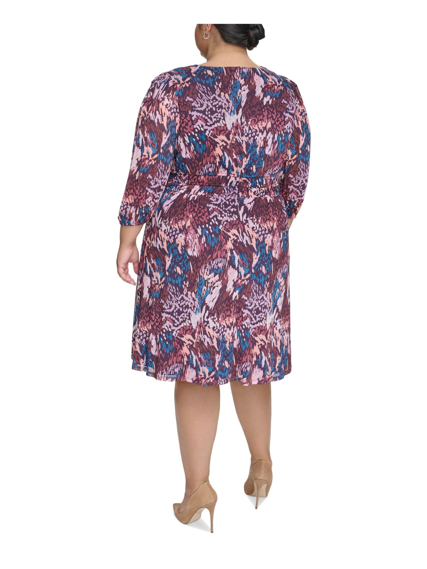 JESSICA HOWARD Womens Purple Zippered Lined Elastic Inset Waist Printed 3/4 Sleeve V Neck Knee Length Evening Fit + Flare Dress Plus 14W