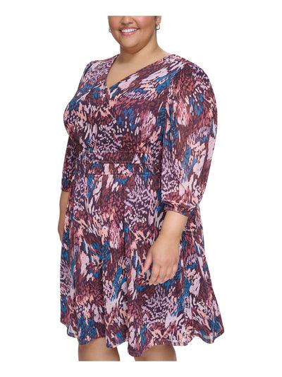 JESSICA HOWARD Womens Purple Zippered Lined Elastic Inset Waist Printed 3/4 Sleeve V Neck Knee Length Evening Fit + Flare Dress Plus 14W