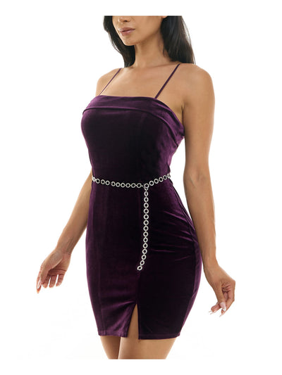 EMERALD SUNDAE Womens Purple Unlined Chain Belt Pullover Spaghetti Strap Square Neck Short Party Body Con Dress Juniors S