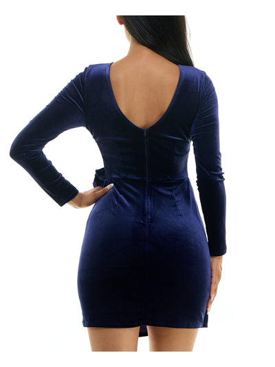 SPEECHLESS Womens Navy Gathered Zippered Faux-wrap Skirt Rose Accent Long Sleeve Round Neck Short Party Body Con Dress Juniors XS