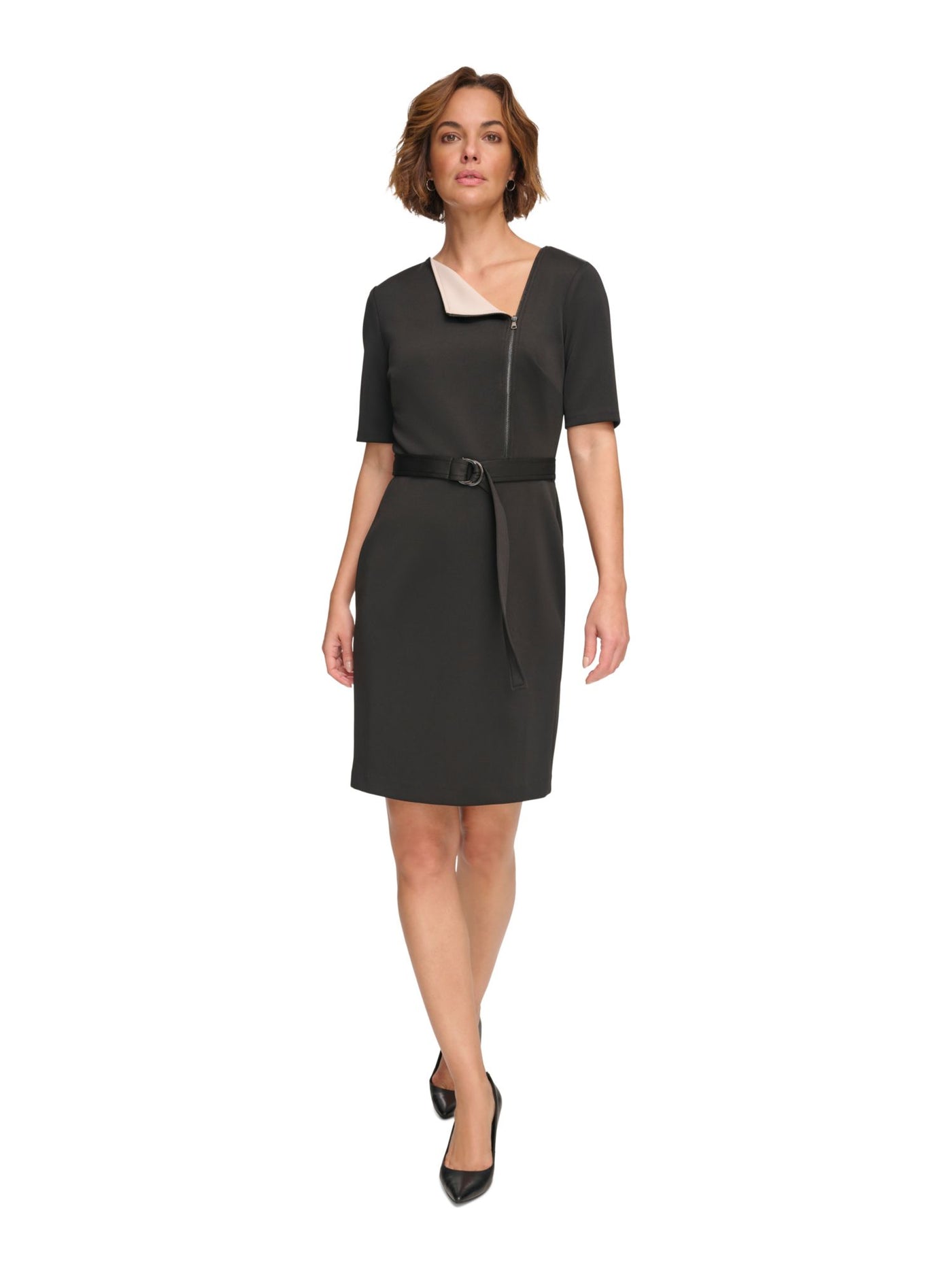 DKNY Womens Black Zippered Unlined Zip Neck Accent Color Block Elbow Sleeve Asymmetrical Neckline Above The Knee Wear To Work Sheath Dress 10