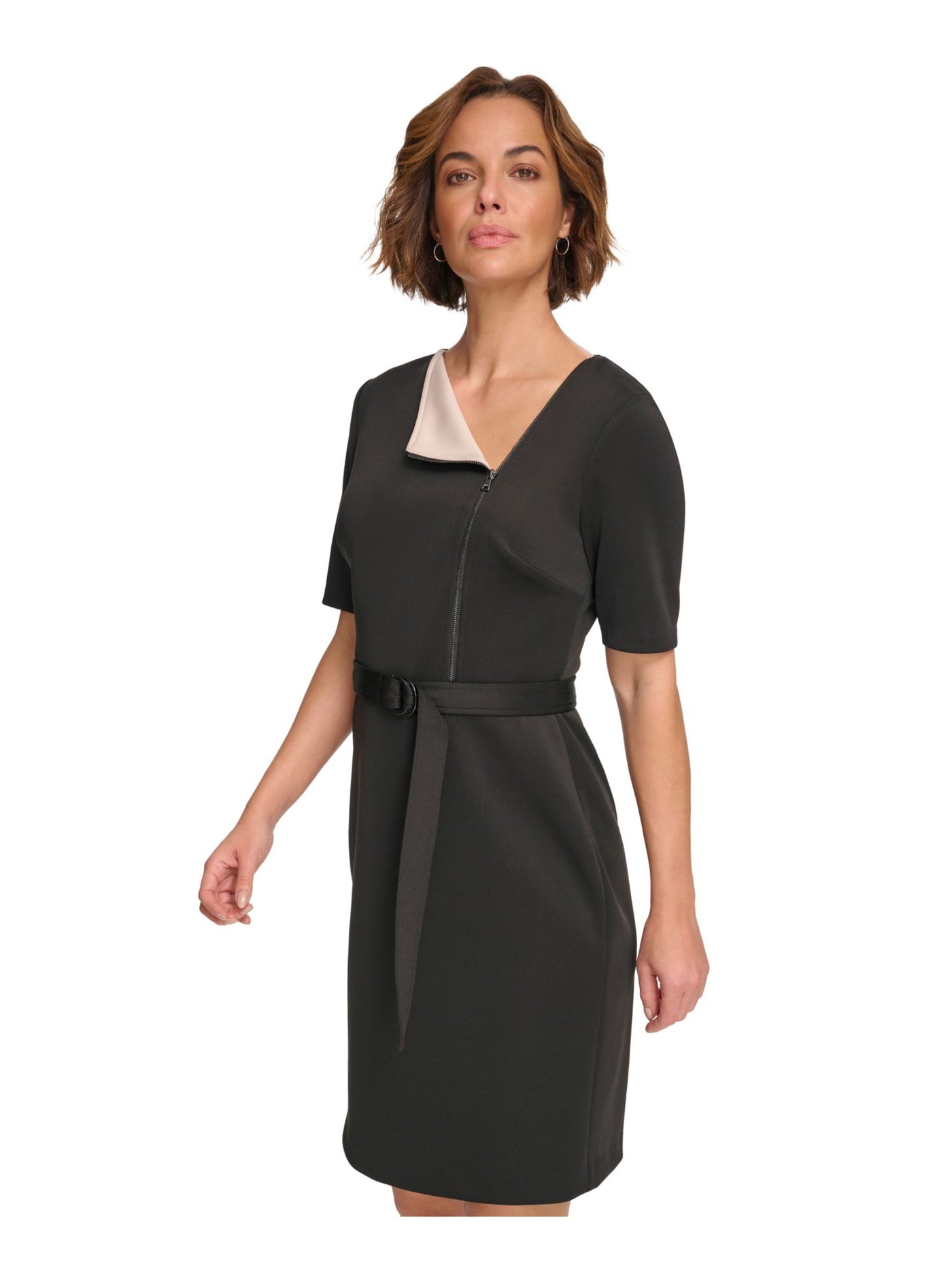 DKNY Womens Black Zippered Unlined Zip Neck Accent Color Block Elbow Sleeve Asymmetrical Neckline Above The Knee Wear To Work Sheath Dress 10