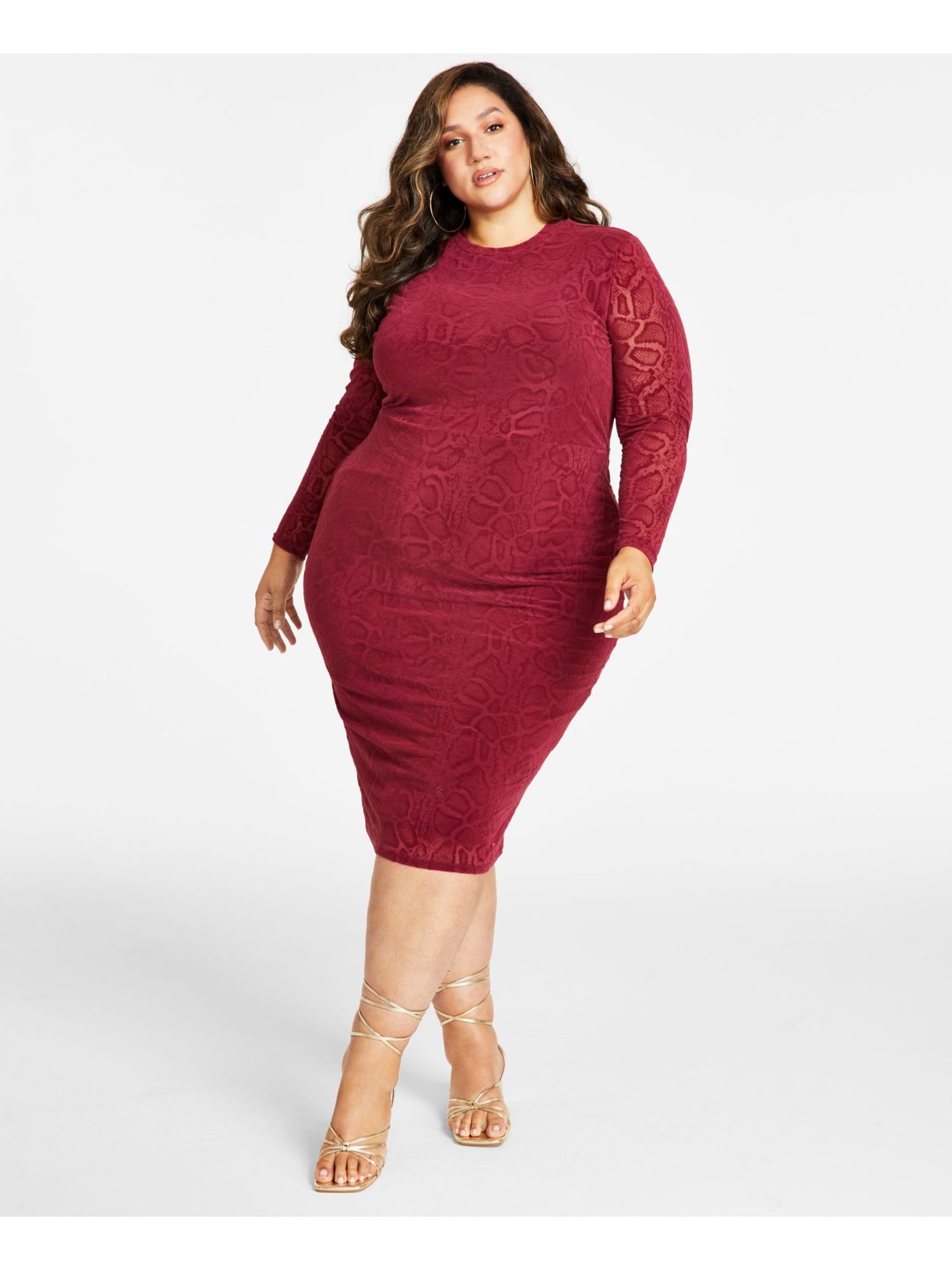 NINA PARKER Womens Red Long Sleeve Round Neck Midi Party Body Con Dress 0X