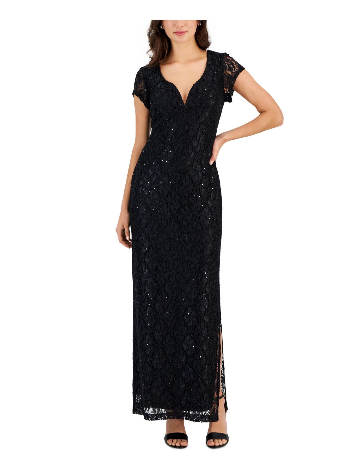 CONNECTED APPAREL Womens Black Lace Sequined Lined Slitted Pull Over Style Short Sleeve Split Maxi Evening Sheath Dress 4