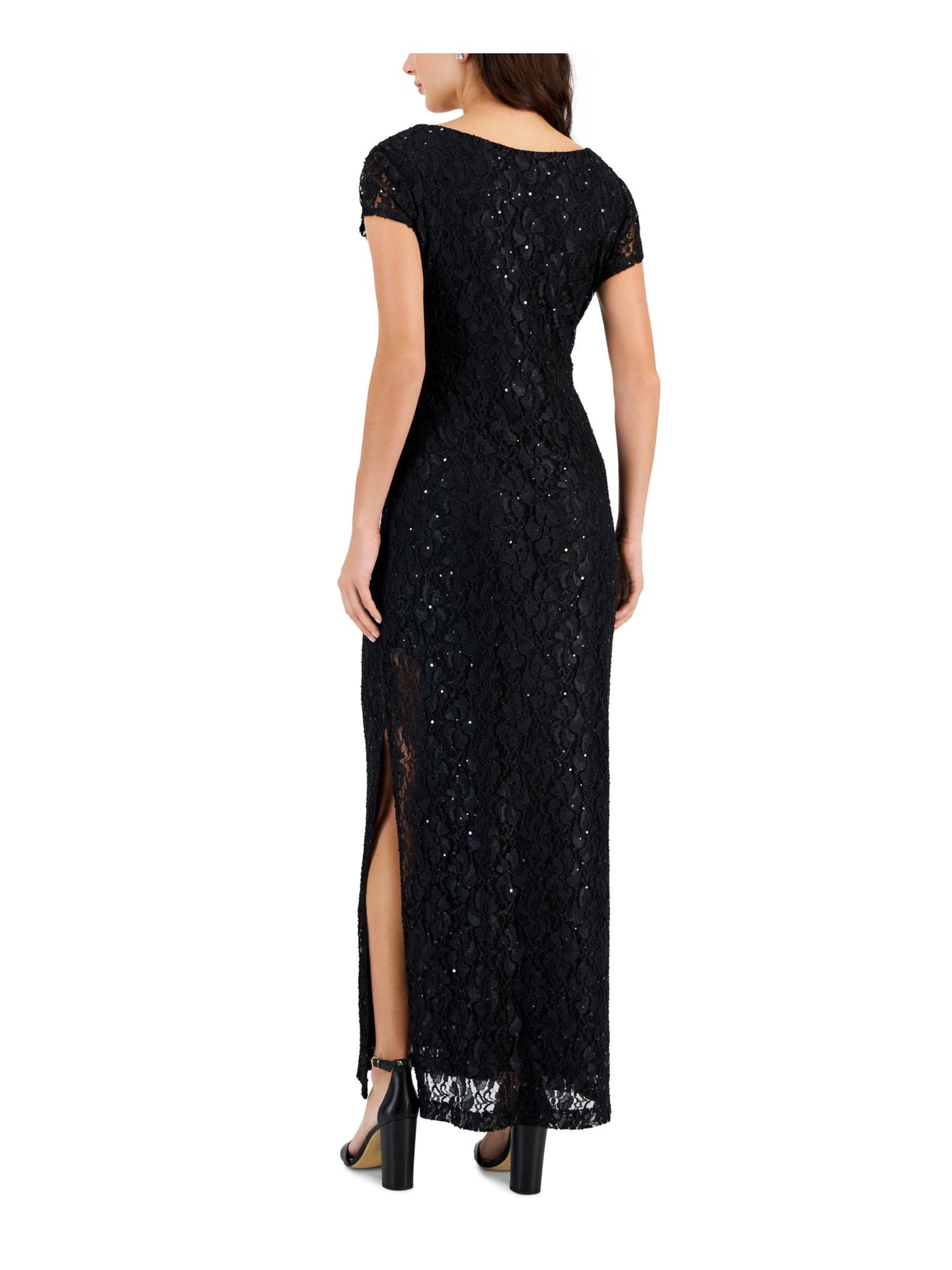 CONNECTED APPAREL Womens Black Lace Sequined Lined Slitted Pull Over Style Short Sleeve Split Maxi Evening Sheath Dress 4