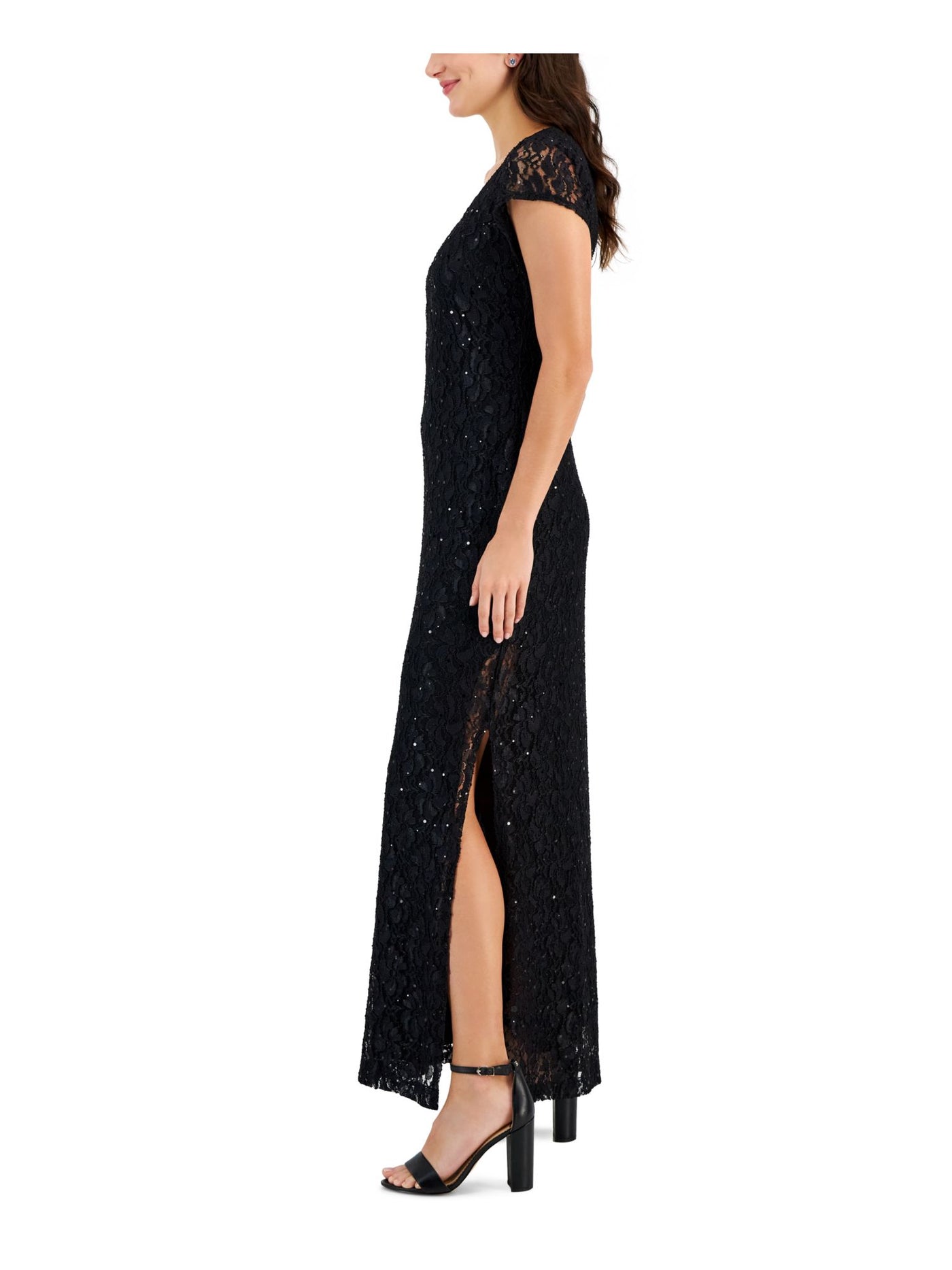 CONNECTED APPAREL Womens Black Lace Sequined Lined Slitted Pull Over Style Short Sleeve Split Maxi Evening Sheath Dress 4