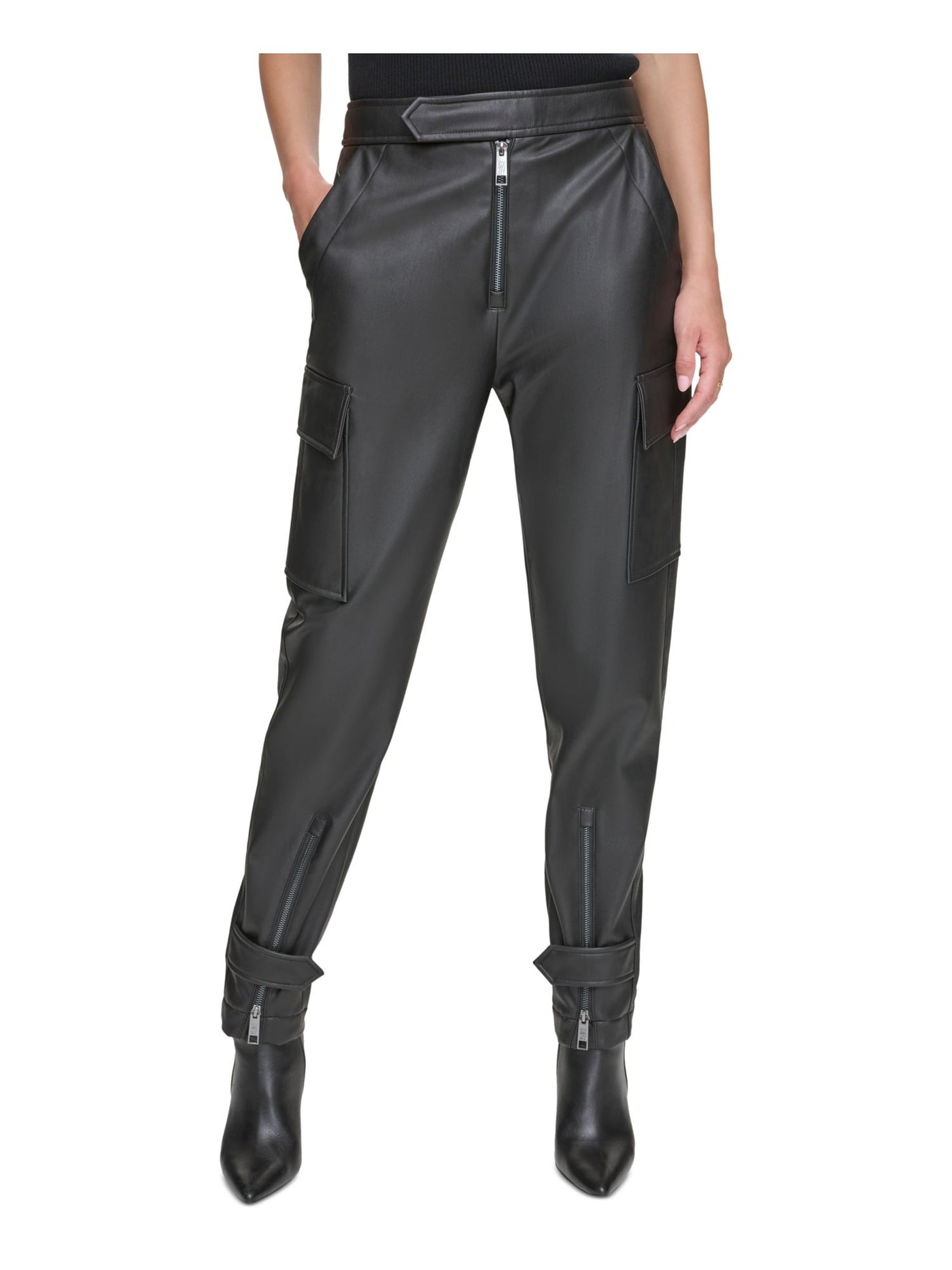 DKNY Womens Black Faux Leather Zippered Pocketed Cargo Zip And Snap Button Accent Straight leg Pants 2