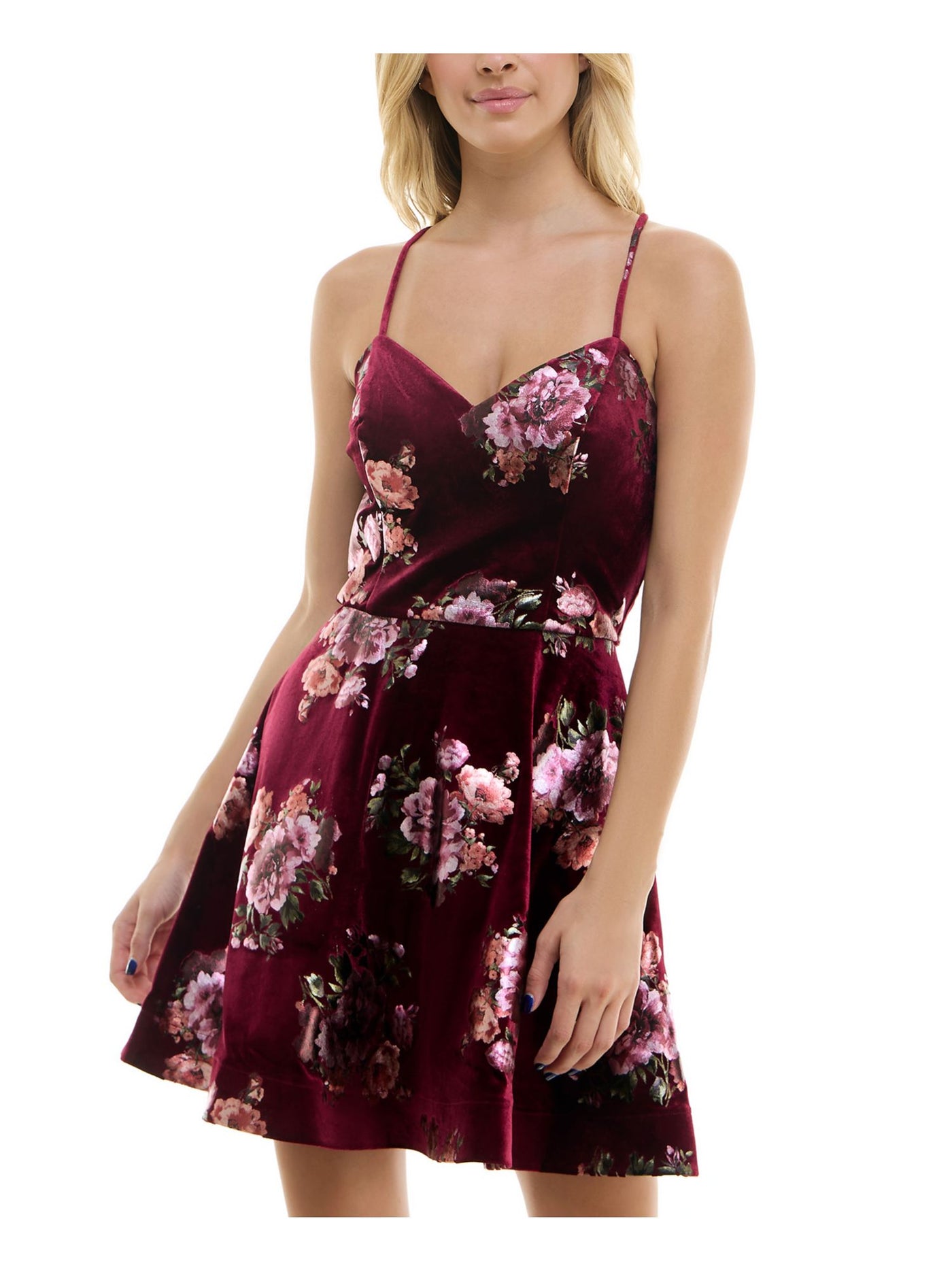BCX DRESS Womens Burgundy Open Back Lined Crisscross Straps Pullover Floral Spaghetti Strap V Neck Above The Knee Party Fit + Flare Dress Juniors L