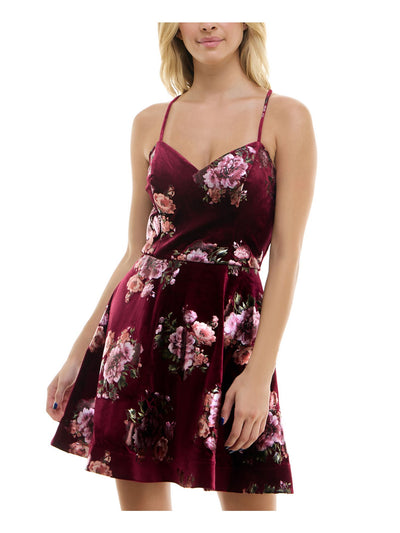 BCX DRESS Womens Burgundy Open Back Lined Crisscross Straps Pullover Floral Spaghetti Strap V Neck Above The Knee Party Fit + Flare Dress Juniors L