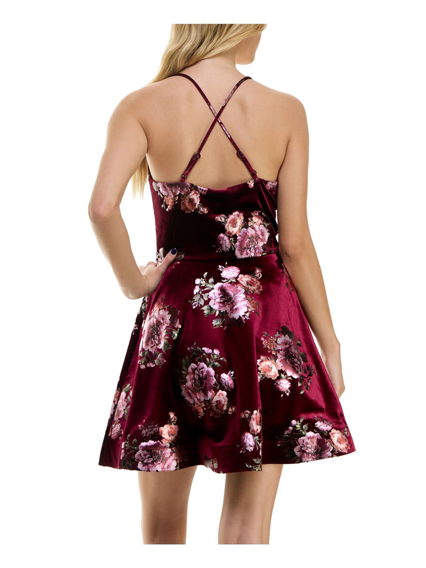 BCX DRESS Womens Burgundy Open Back Lined Crisscross Straps Pullover Floral Spaghetti Strap V Neck Above The Knee Party Fit + Flare Dress Juniors L