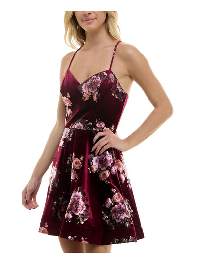 BCX DRESS Womens Burgundy Open Back Lined Crisscross Straps Pullover Floral Spaghetti Strap V Neck Above The Knee Party Fit + Flare Dress Juniors L